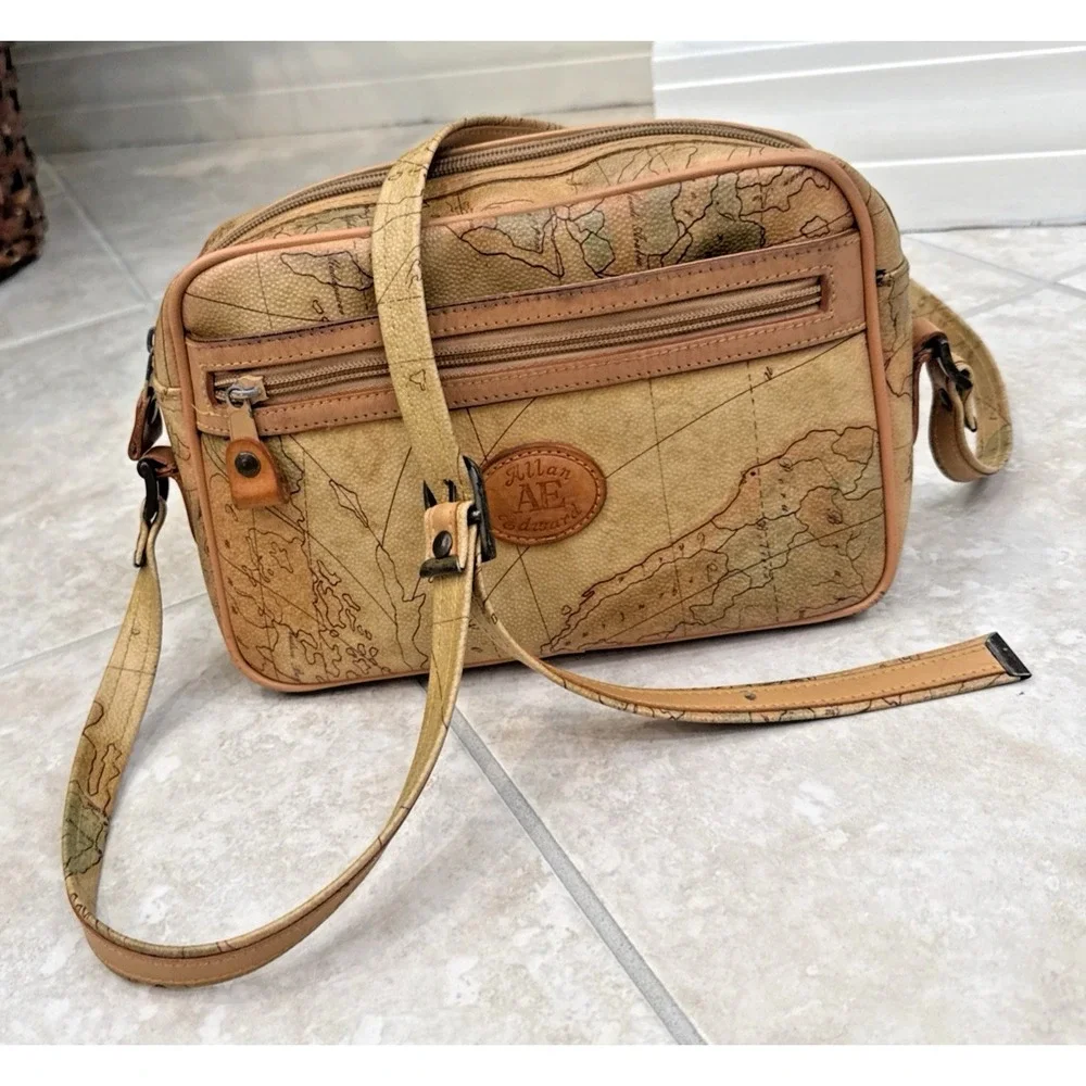 VTG Allen Edward World Map Crossbody Purse Travel Atlas Print Bag Boho 10x7x3 - Picture 4 of 12